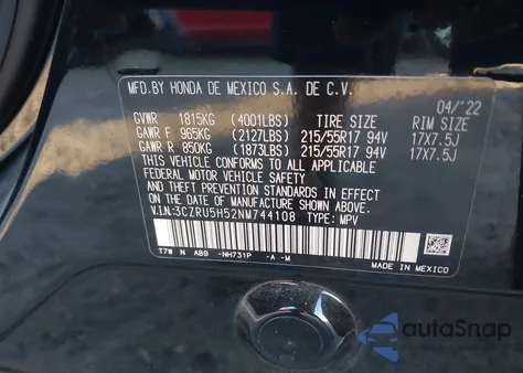 2022 Honda Hr-V 2Wd Ex z USA, uszkodzony, nr VIN 3CZRU5H52NM744108